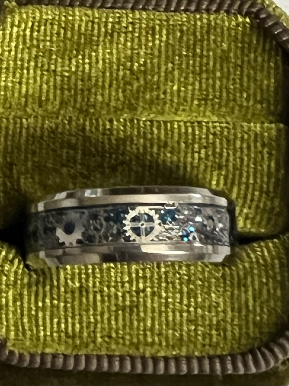 Steampunk Gear Men’s Titanium Steel Silver/Blue 8mm Band Size 10